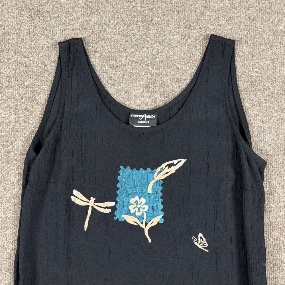 Vintage 90s Black Sleeveless Midi Shift Dress Women’s 14 Crinkle Gauzy Fairycore - Picture 4 of 10